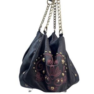 Kate Landry Leather Brown Boho Studded Chain Embroidered Slouchy Hobo Handbag